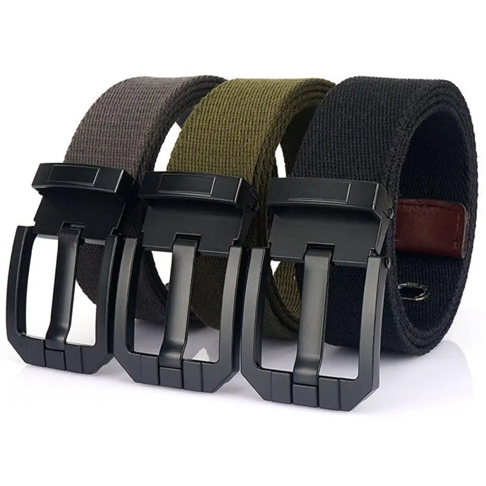 Three black canvas belts with metal buckles enhancing aesthetic appeal