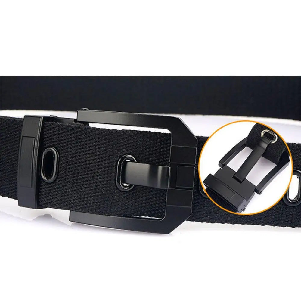 Black canvas belt with metal buckle highlighting aesthetic appeal and durable black buckle design