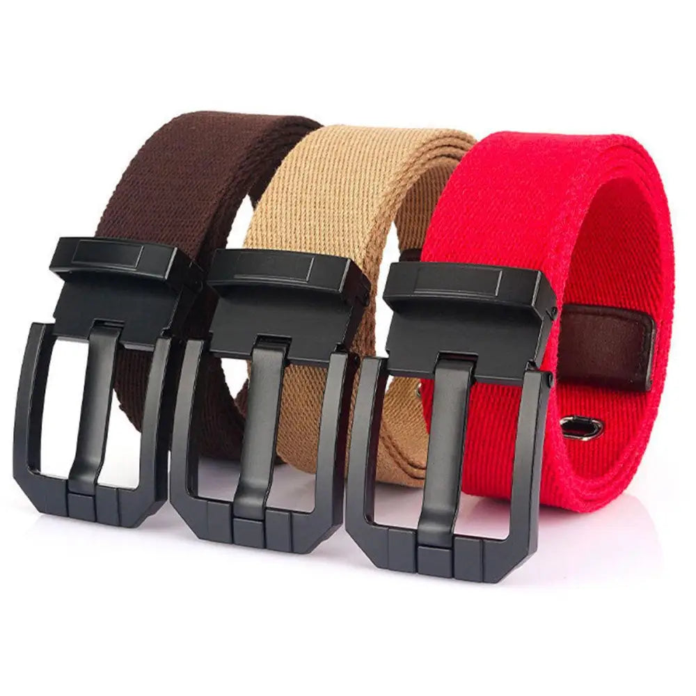 Three black canvas belts with metal buckles enhancing aesthetic appeal and style