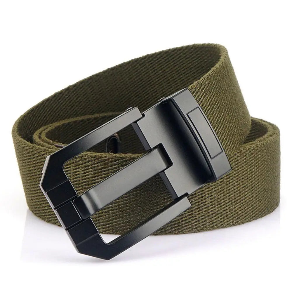 Olive green canvas belt with black buckle highlighting aesthetic appeal and durability