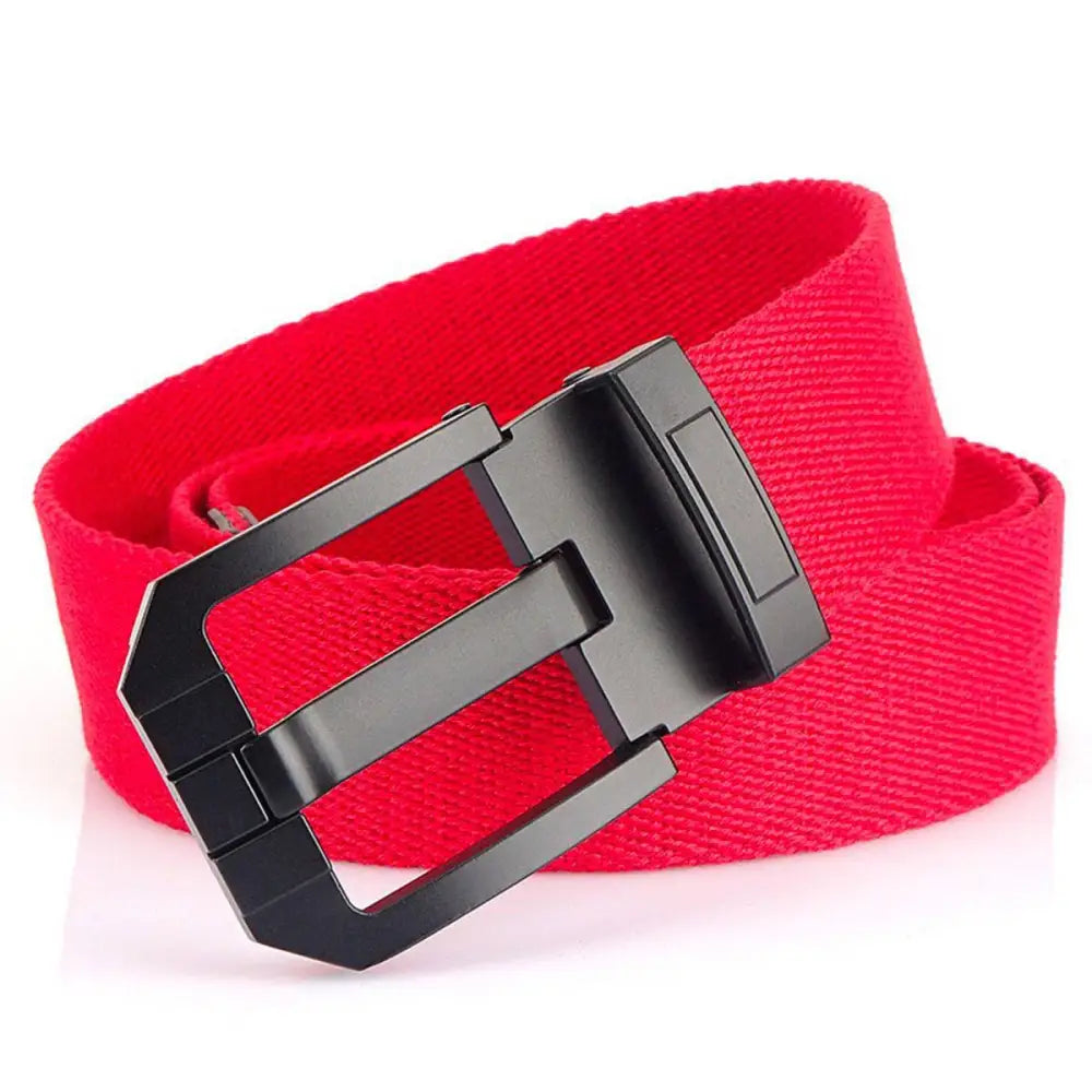 Red canvas belt with black buckle enhancing aesthetic appeal in Black Canvas Belts collection