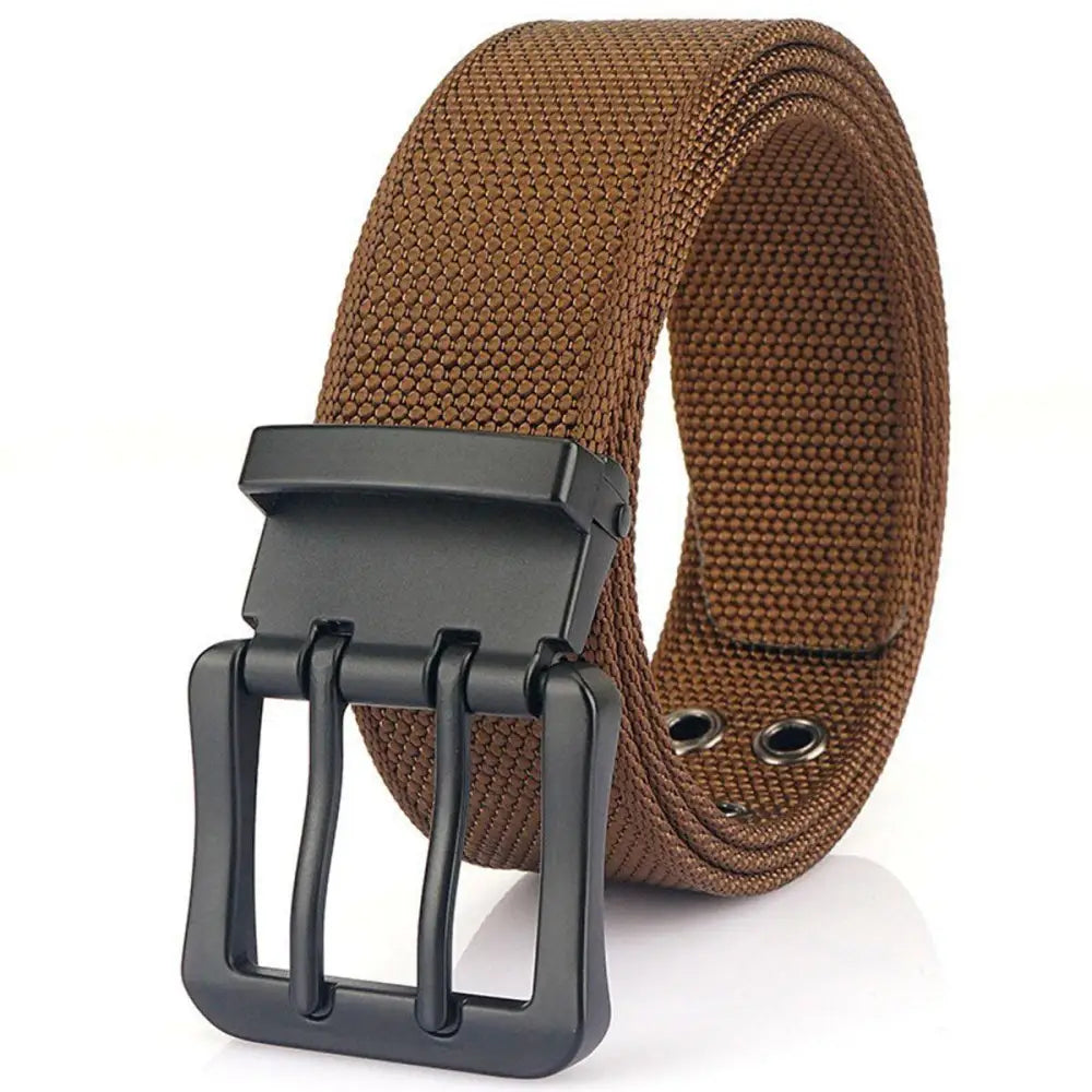 Brown nylon canvas belt with black double prong buckle from Set of Nylon Canvas Belts