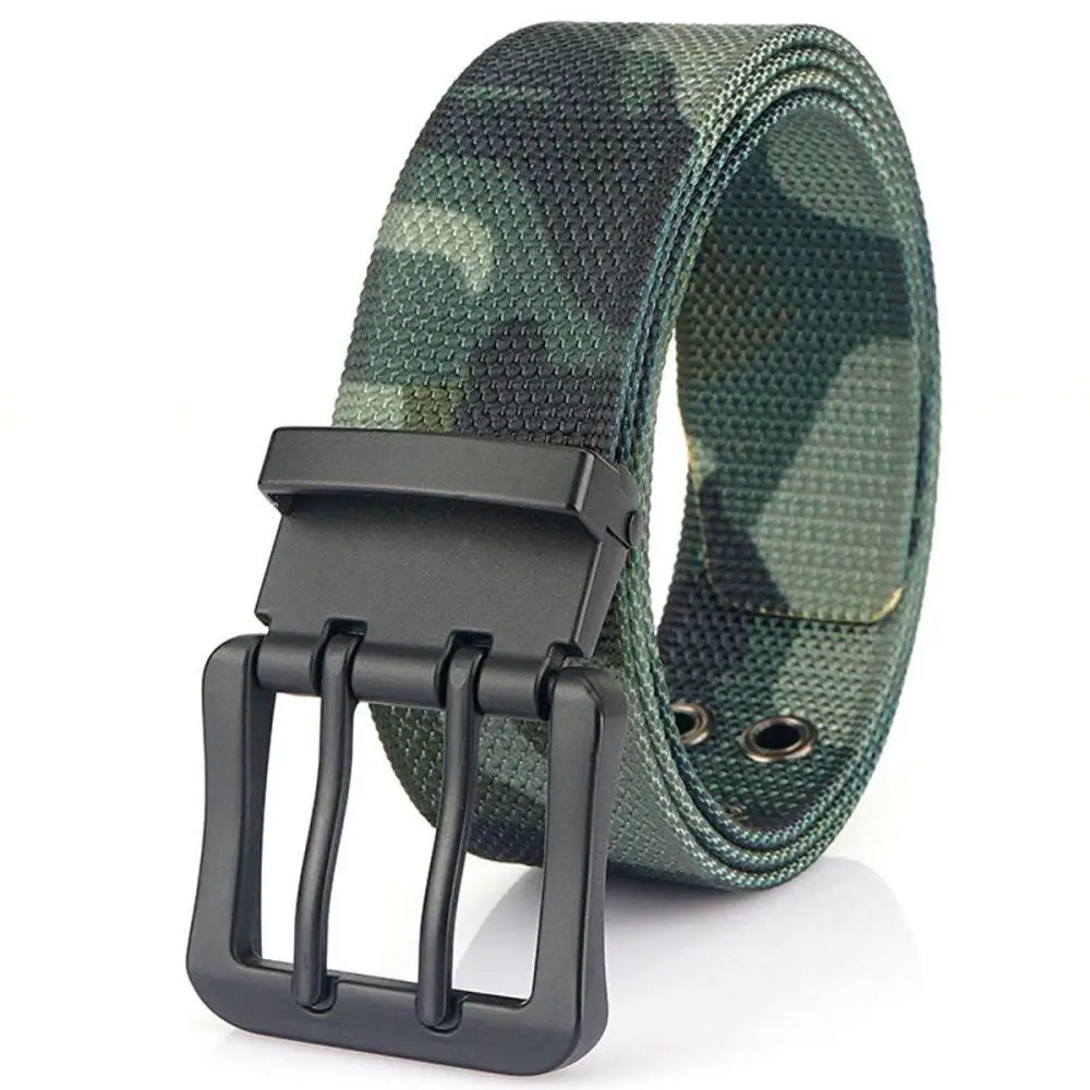 Camouflage nylon canvas belt with double prong buckle for durability and style