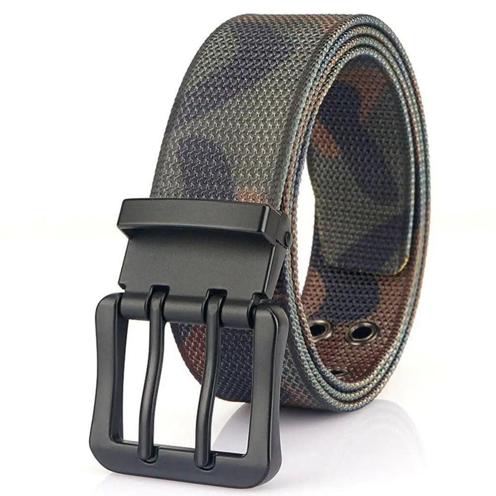 Camouflage nylon canvas belt with double prong buckle for durable style