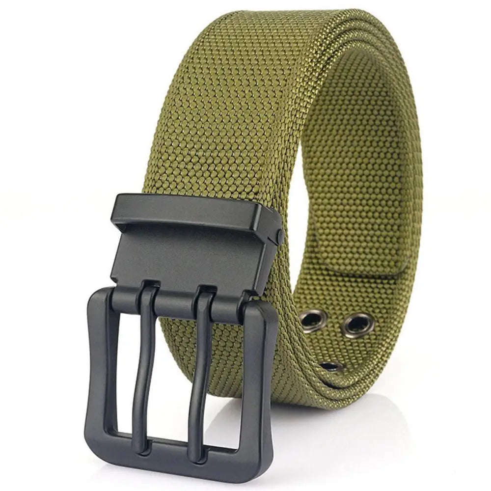 Olive green Nylon Canvas Belt with a double prong black buckle for versatile style