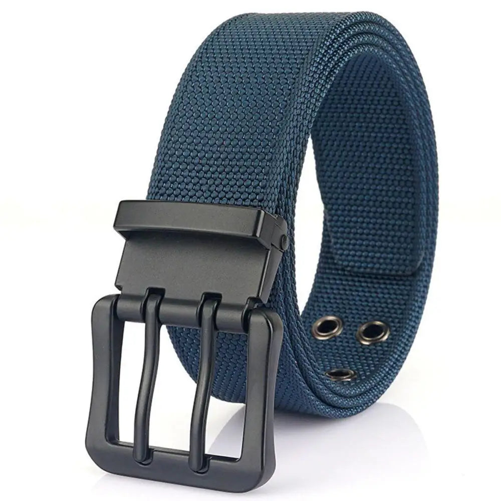 Blue nylon canvas belt with double prong buckle for durable fashion accessory