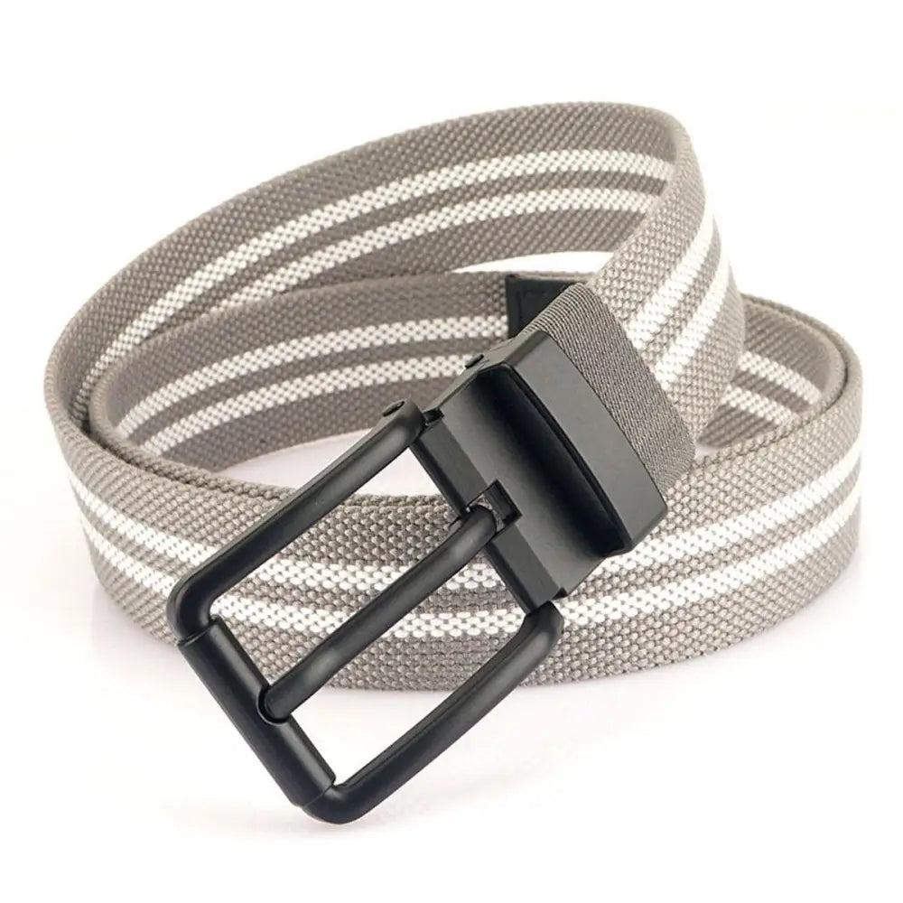 Gray and white striped nylon canvas belt with a black metal buckle for durability
