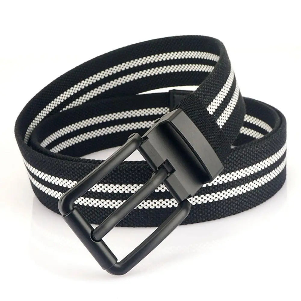 Nylon and canvas belt with black and white stripes and metal buckle for stylish wear