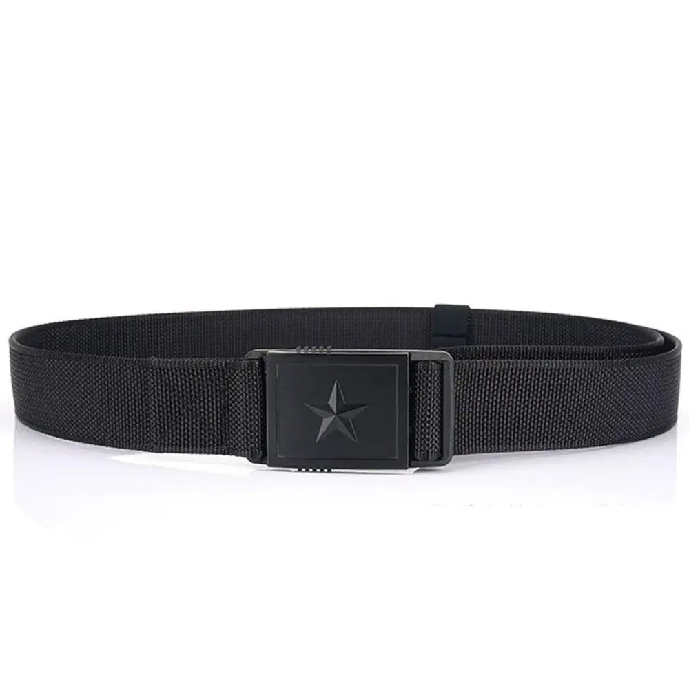 Black canvas belt with star buckle featuring Kenes nylon webbing for durability