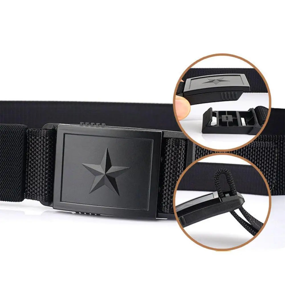 Black star-buckled belt with Kenes nylon webbing for durable nylon webbing belt style