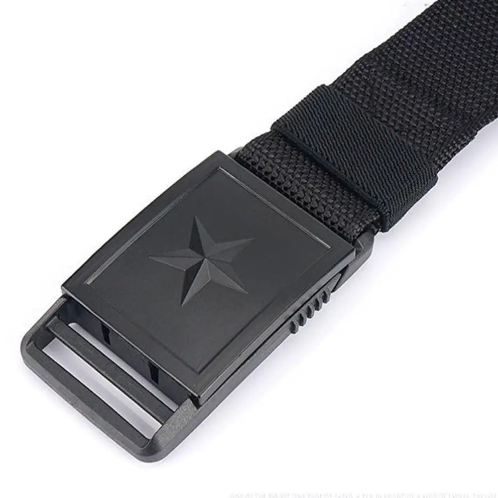 Black belt with star buckle featuring Kenes nylon webbing for durable nylon webbing belt style