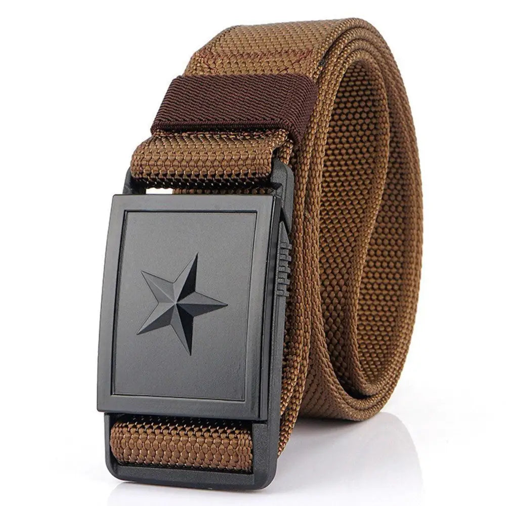Brown canvas belt with star buckle featuring Kenes nylon webbing material