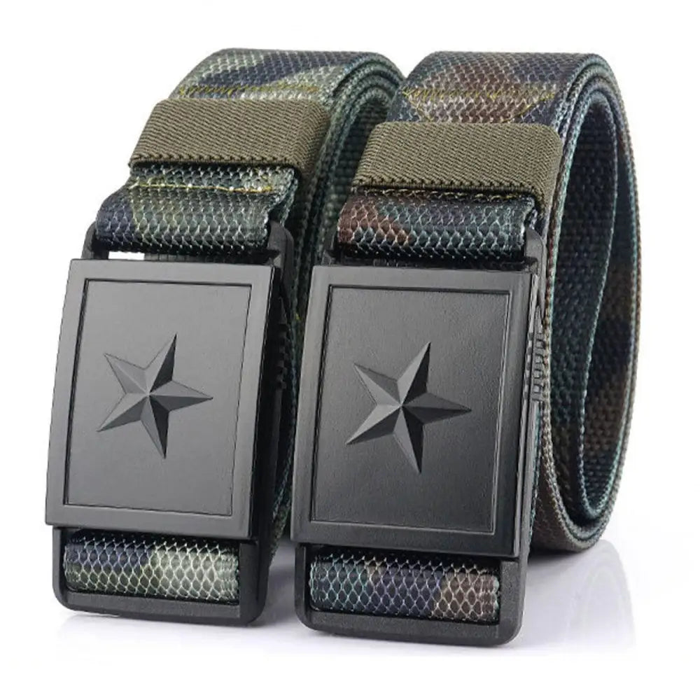 Camouflage and black canvas belts with star buckles made of Kenes nylon webbing