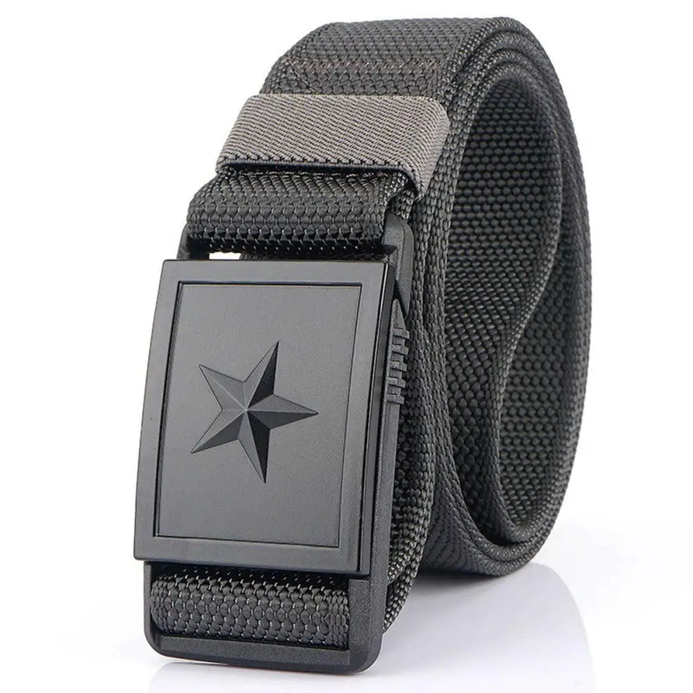 Black canvas belt with star buckle featuring Kenes nylon webbing and nylon webbing belt