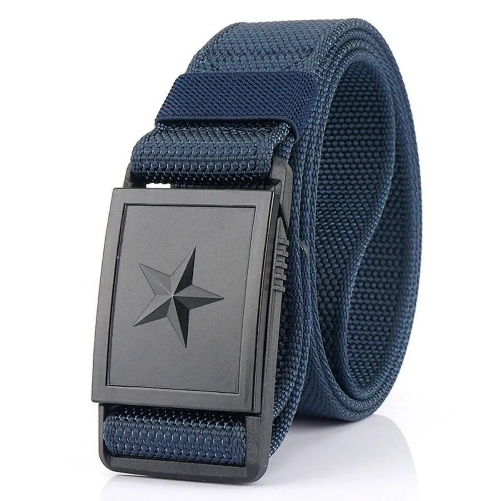 Blue nylon belt with star buckle featuring Kenes nylon webbing for durable style
