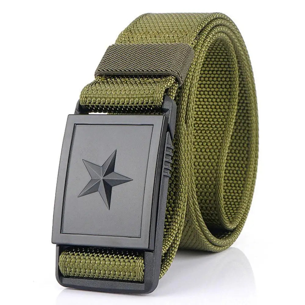 Olive green canvas belt with star buckle featuring Kenes nylon webbing for a nylon webbing belt style