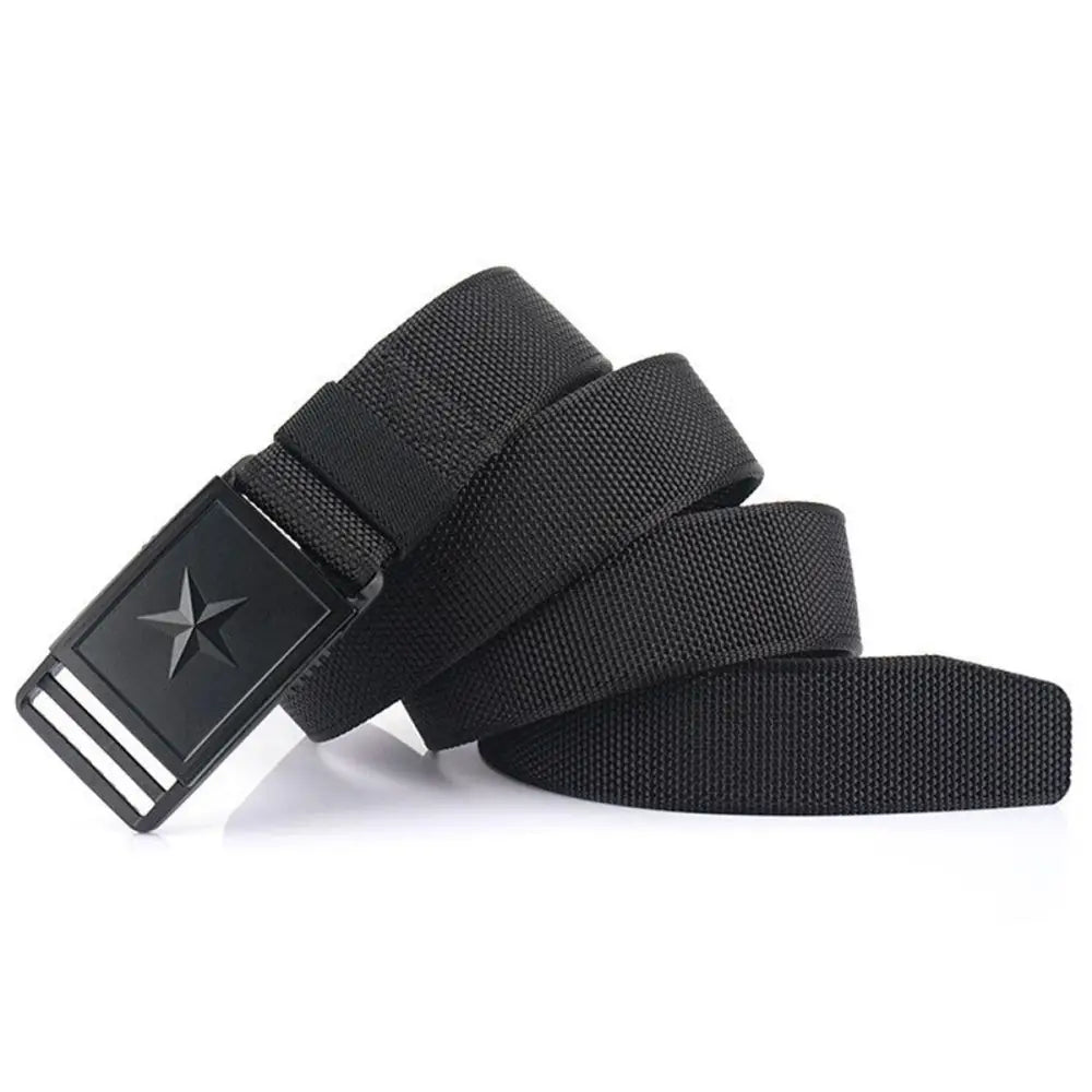 Black canvas belt with star buckle featuring Kenes nylon webbing and secure design
