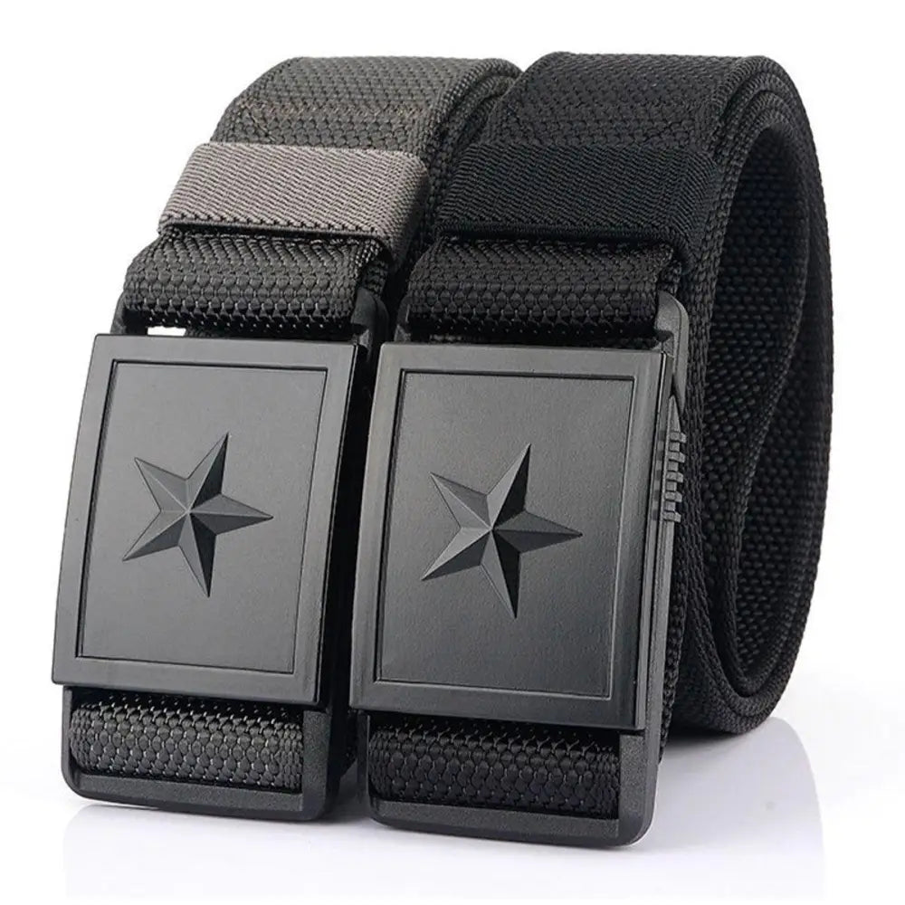 Tactical camouflage and black nylon webbing belts with star-emblazoned buckles featuring Kenes Nylon Webbing