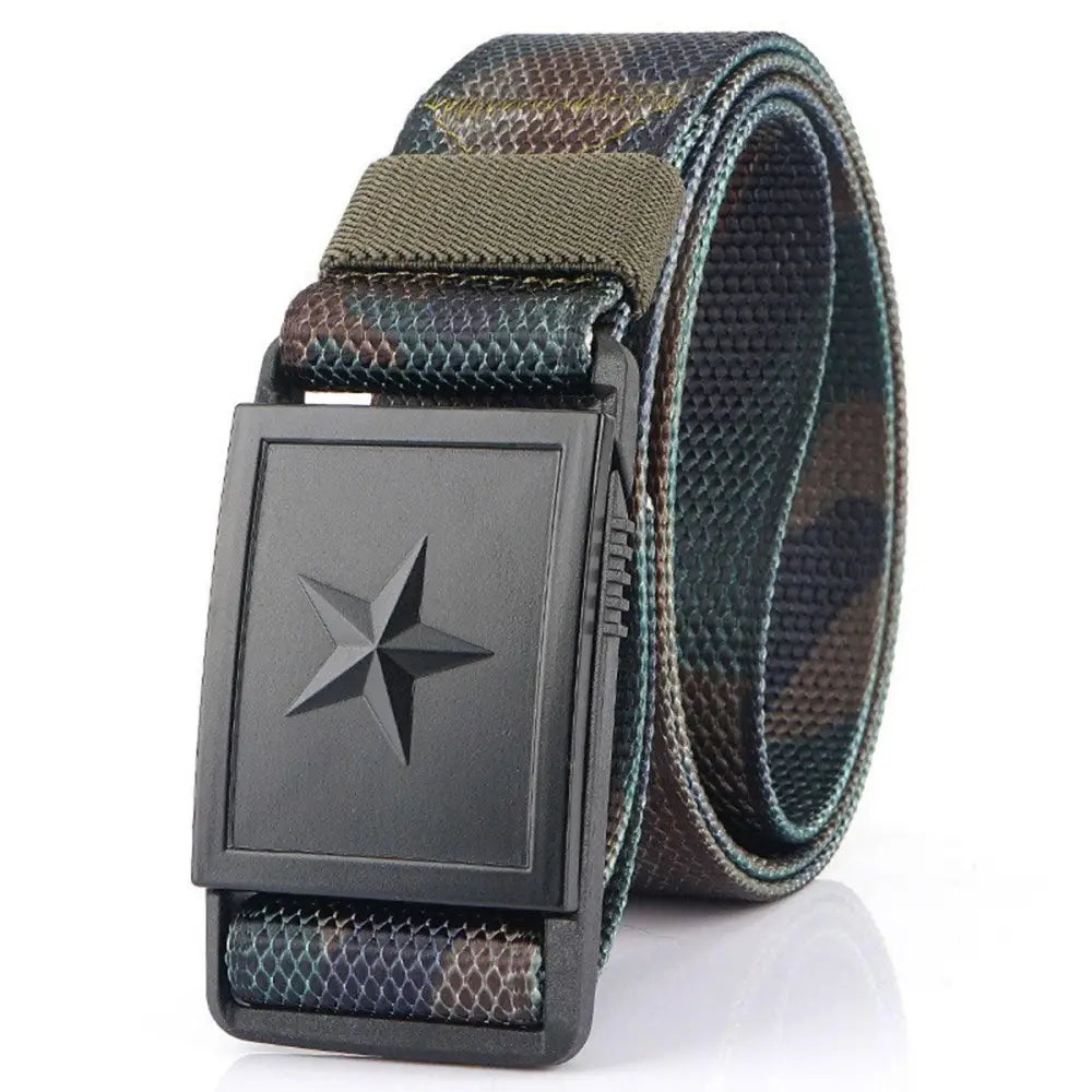 Camouflage and black nylon webbing belt with star buckle featuring Kenes Nylon Webbing