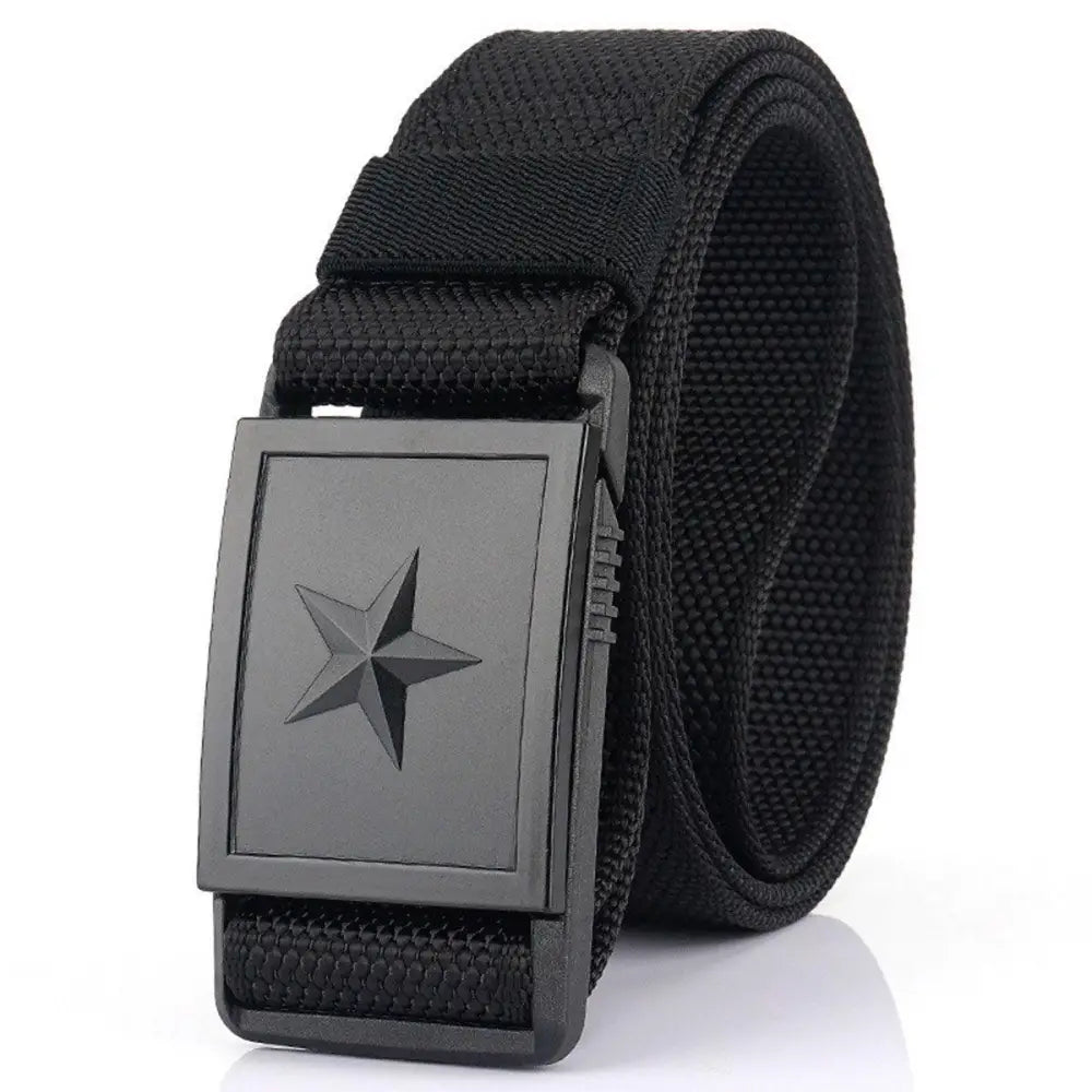 Black canvas belt with star buckle featuring Kenes Nylon Webbing for durable style