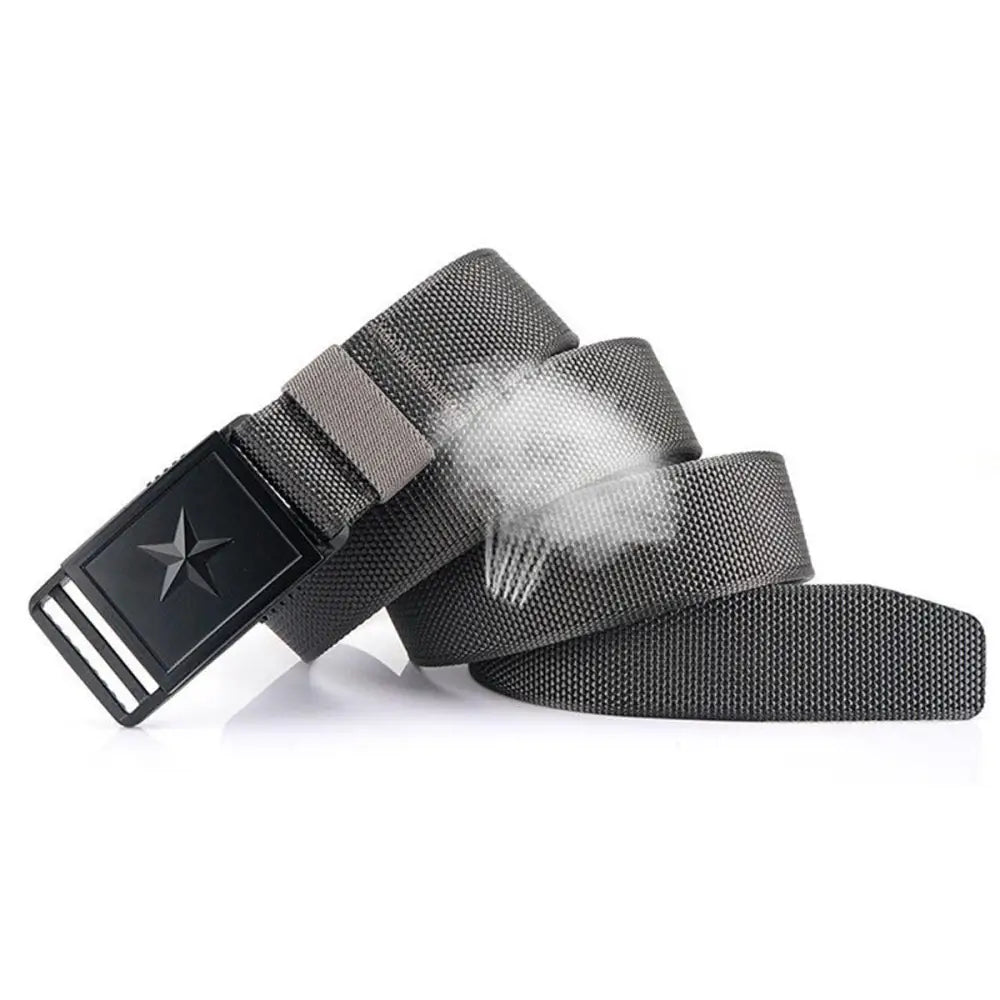 Gray woven belt with star buckle featuring Kenes nylon webbing and durable nylon webbing belt