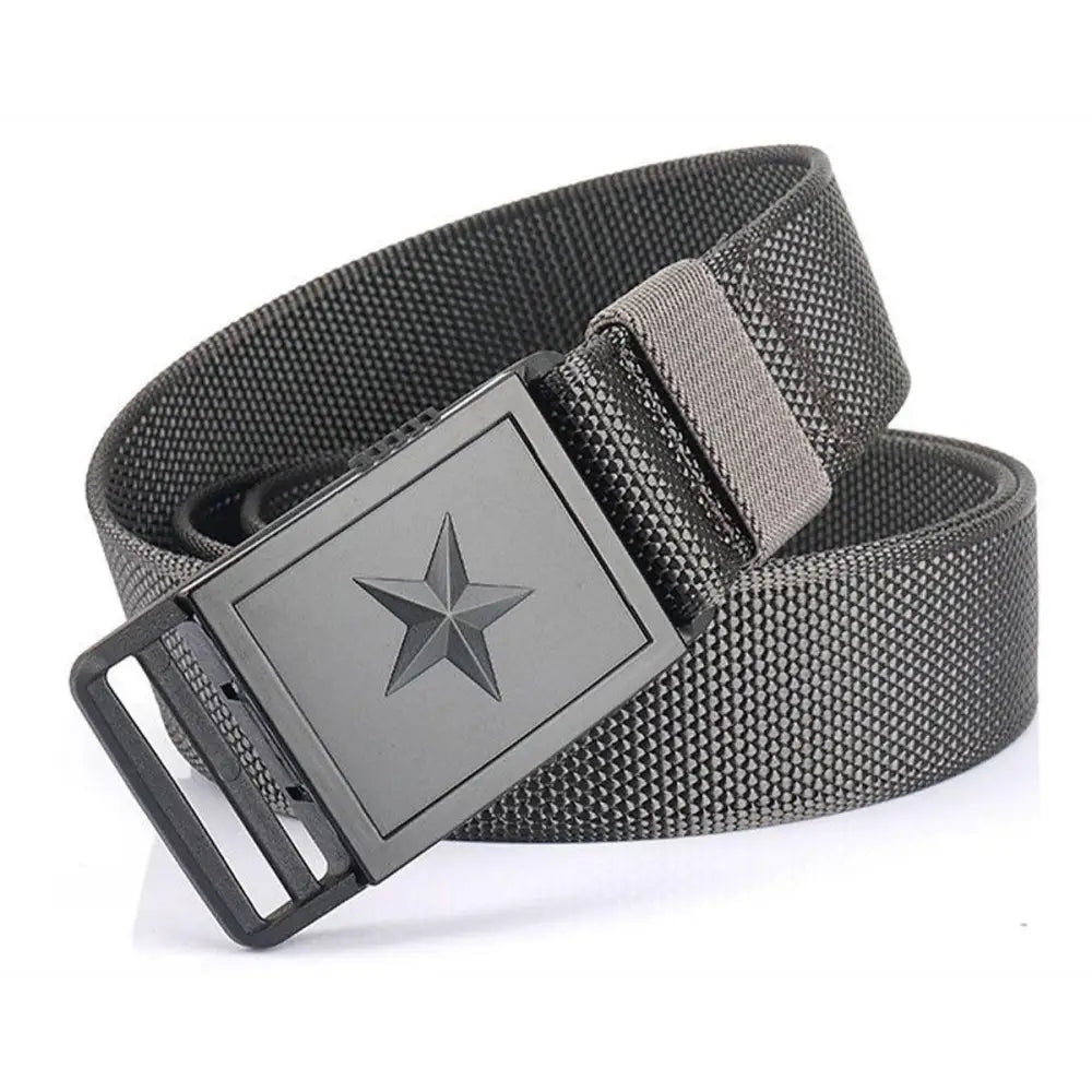 Gray woven belt with star buckle made from Kenes nylon webbing for durable style