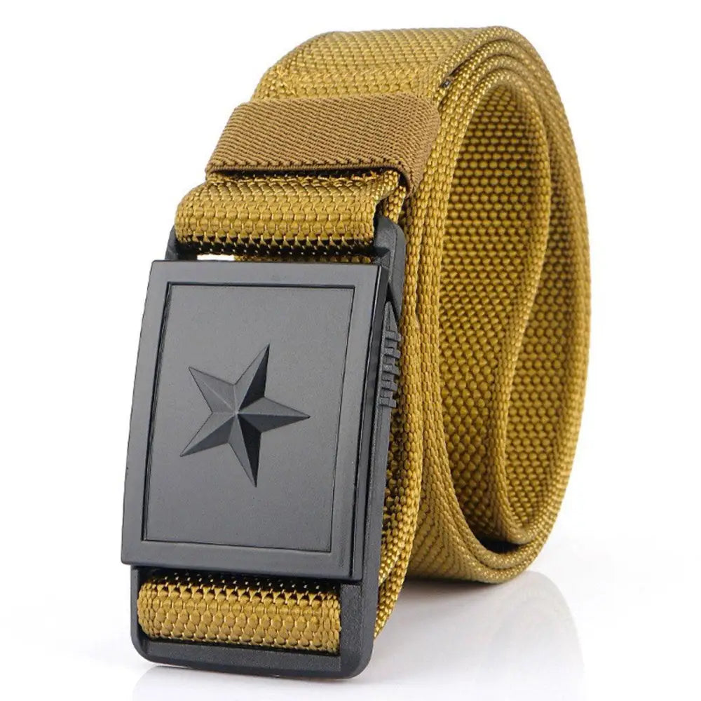 Khaki canvas belt with star buckle featuring Kenes nylon webbing and durable nylon webbing belt