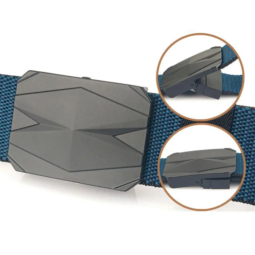 Blue Sultan Belt with gray geometric buckle for sophisticated accessorizing