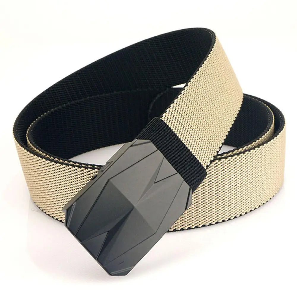 Sultan belt set with tan and black belt featuring a geometric buckle in blue and black