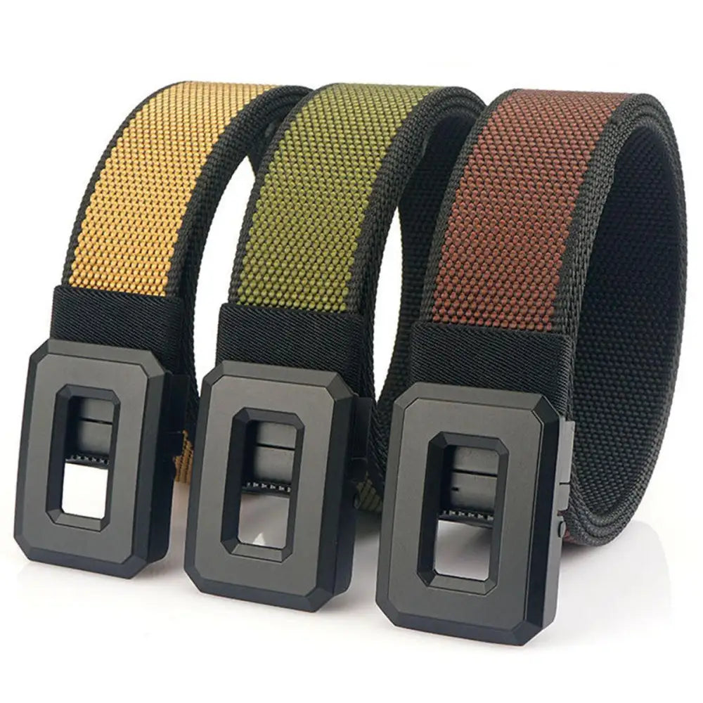 Talgat belt set featuring three nylon web belts with geometric buckle designs