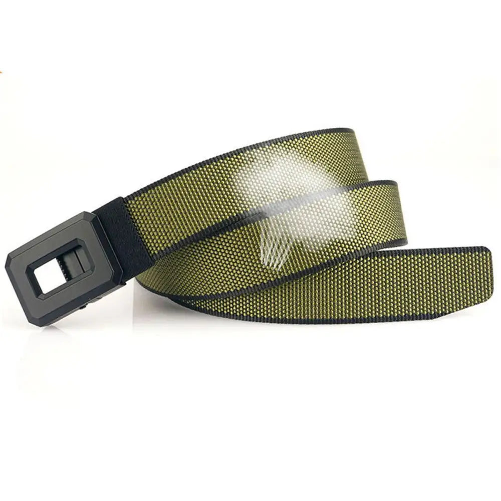Olive green woven Talgat belt with black buckle from Talgat belt Set featuring nylon web and geometric design