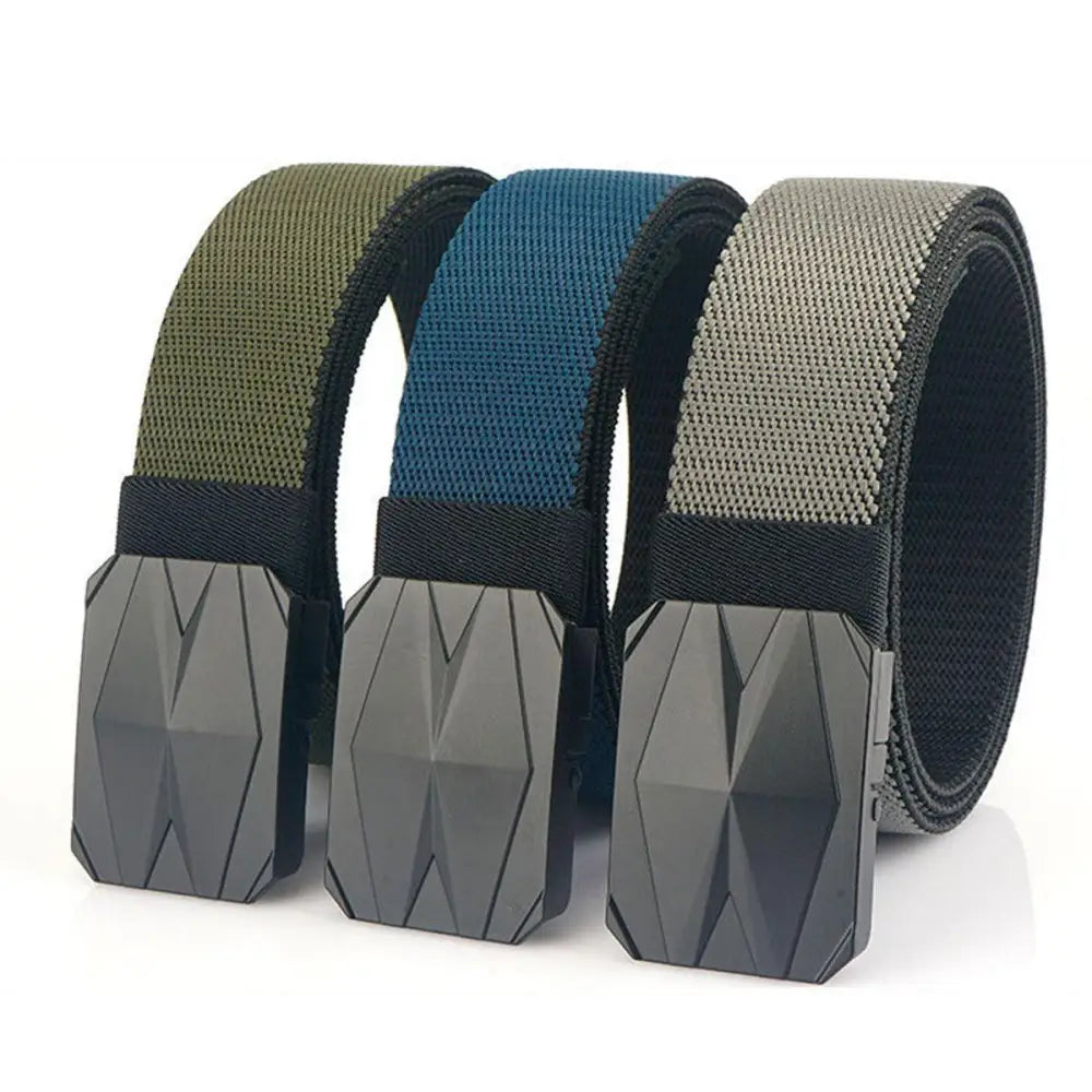 Sultan belt set featuring three nylon belts with stylish geometric buckles in blue and black