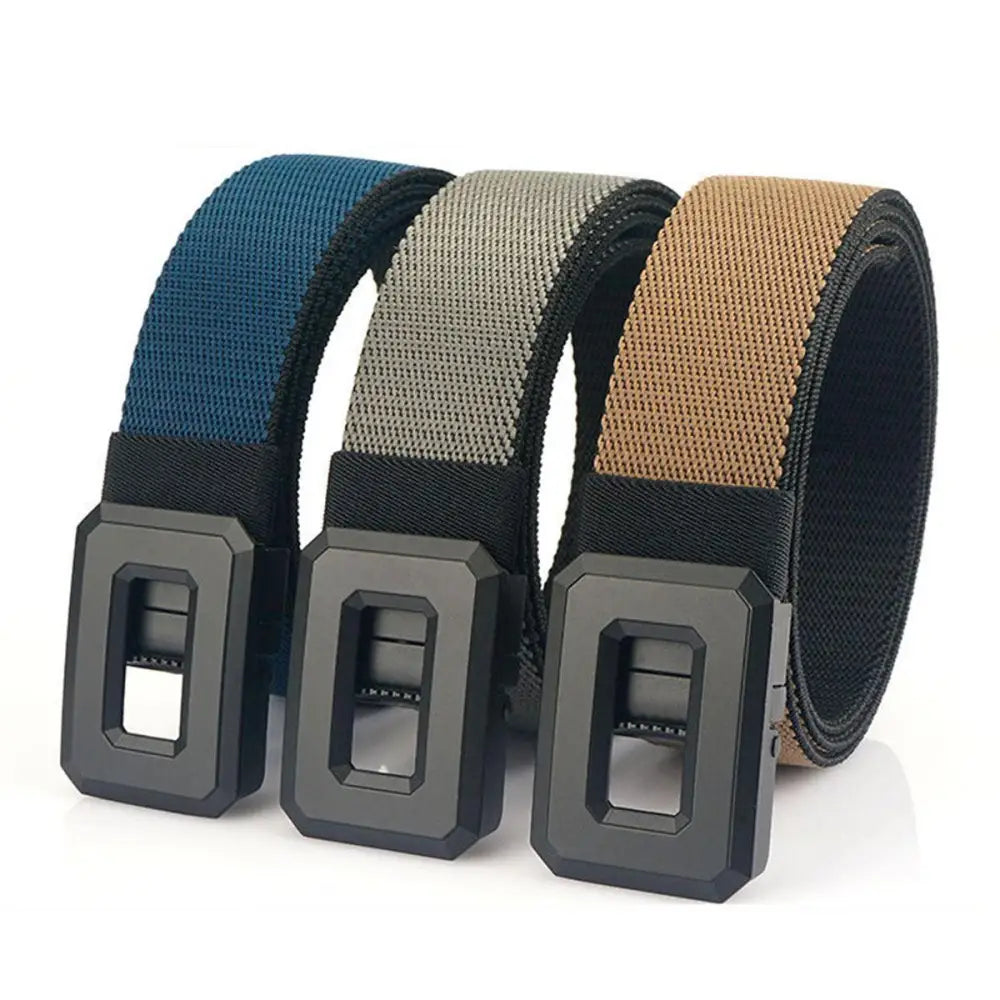 Three fabric Talgat belts with black buckles and geometric designs