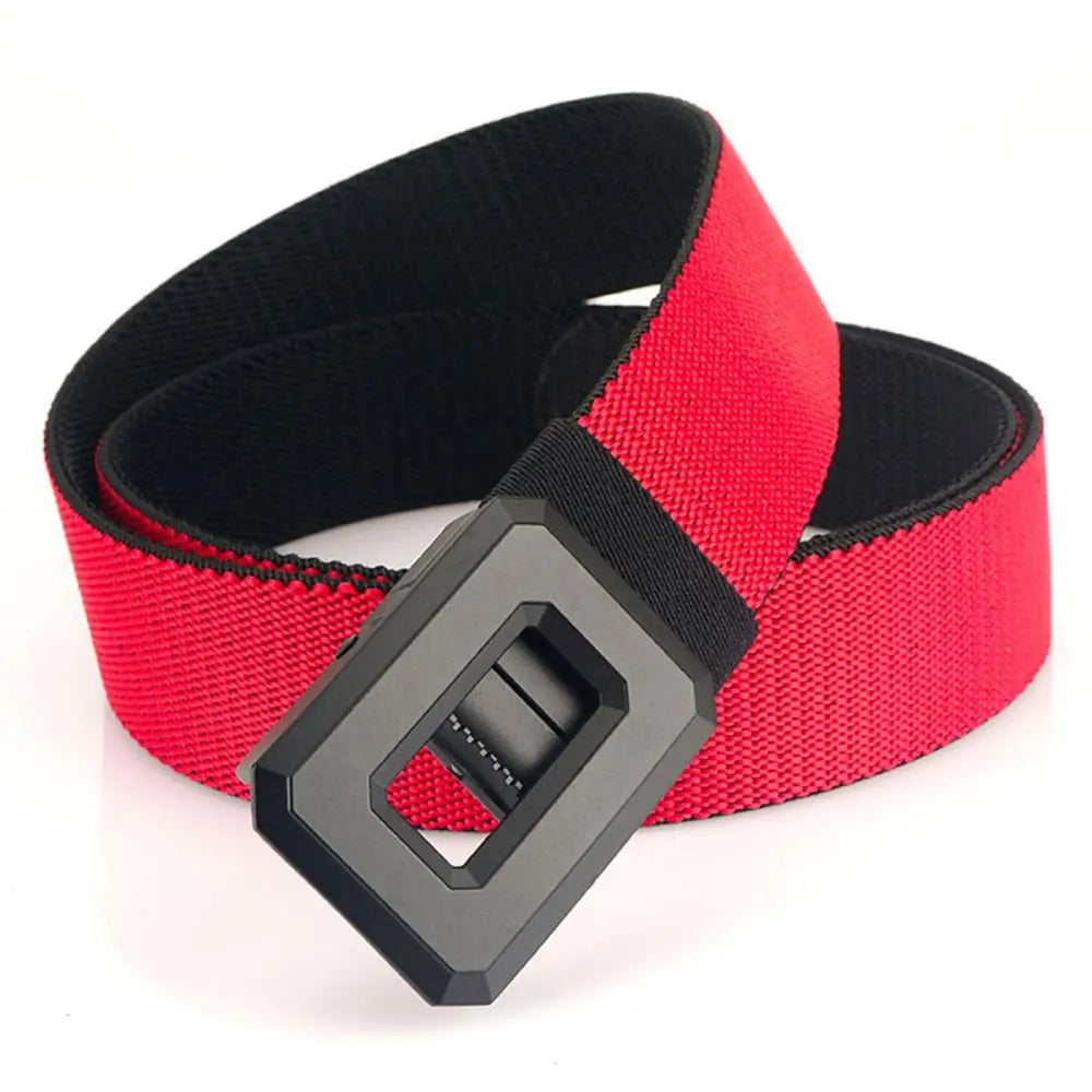 Red and black Talgat belt with a gray geometric buckle in the Talgat Belt Set