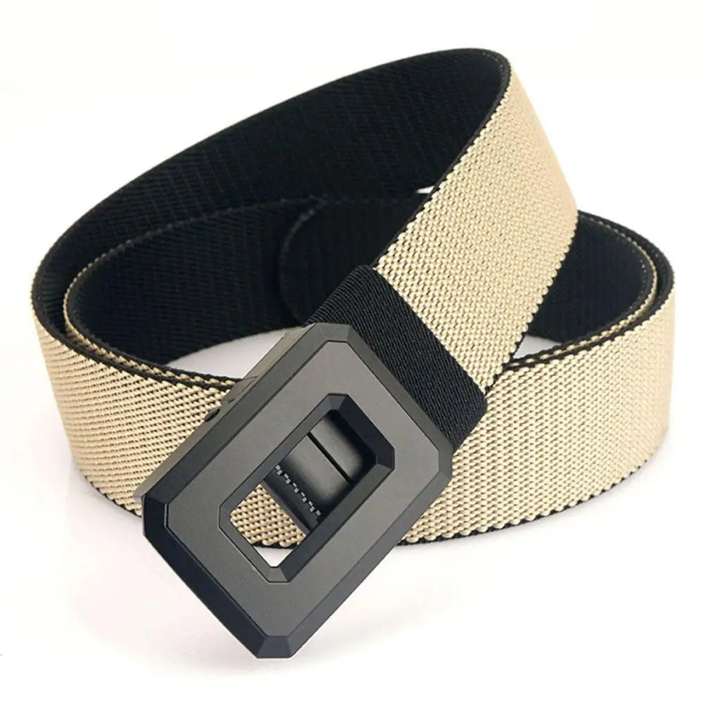 Talgat belt set featuring reversible tan and black nylon web belts with geometric black buckle