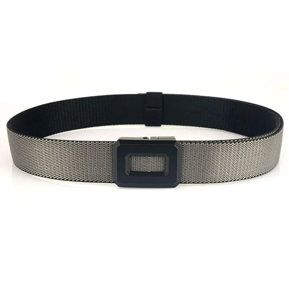 Gray and black reversible Talgat belt with nylon web and geometric buckle design