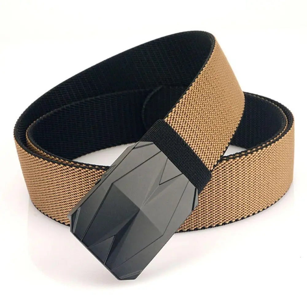 Tan and black Sultan Belt with geometric buckle from Sultan Belt Set in Blue and Black