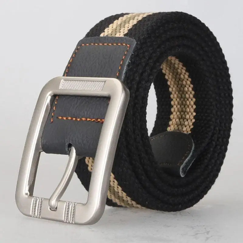 Gray and white striped canvas belt with silver buckle, stylish accessory for men