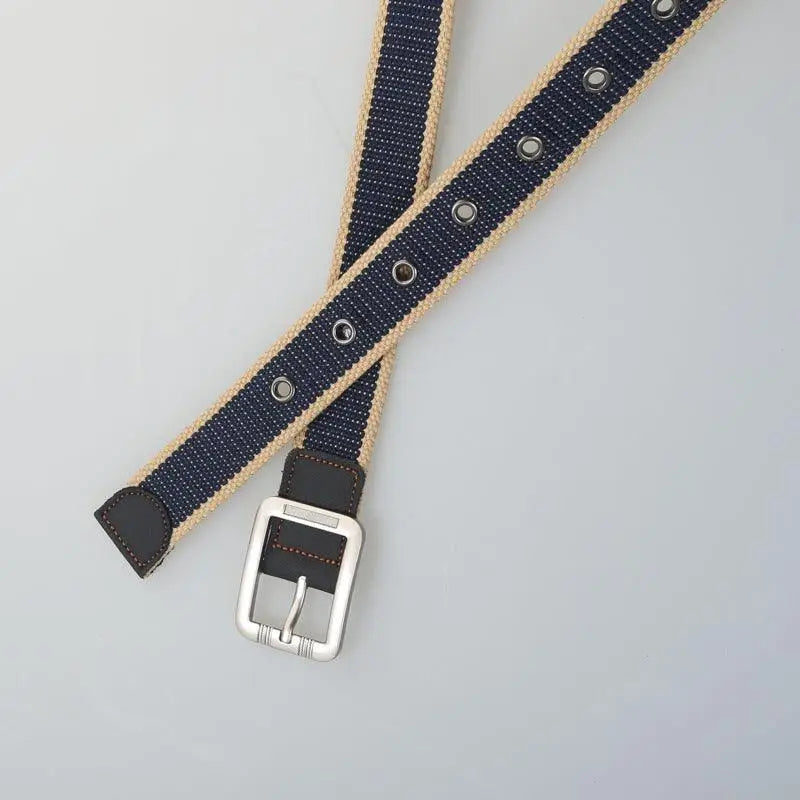 Navy and tan canvas belt with silver buckle from Gray and White Striped Canvas Belt collection