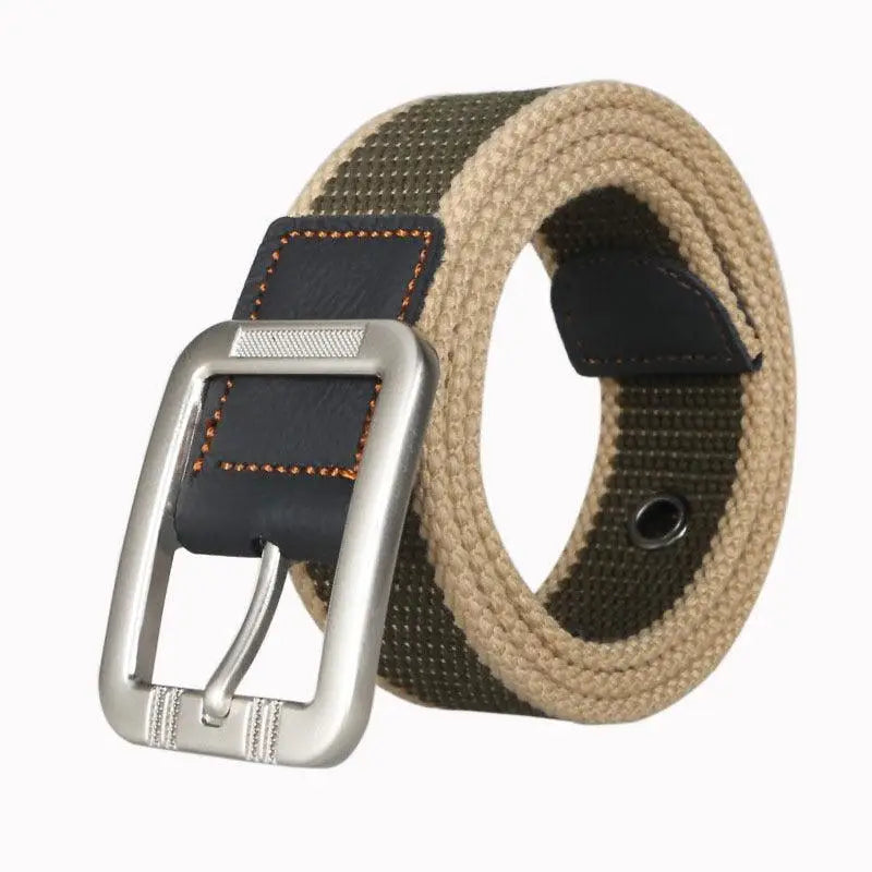 Gray and white striped canvas belt with silver buckle for stylish casual wear
