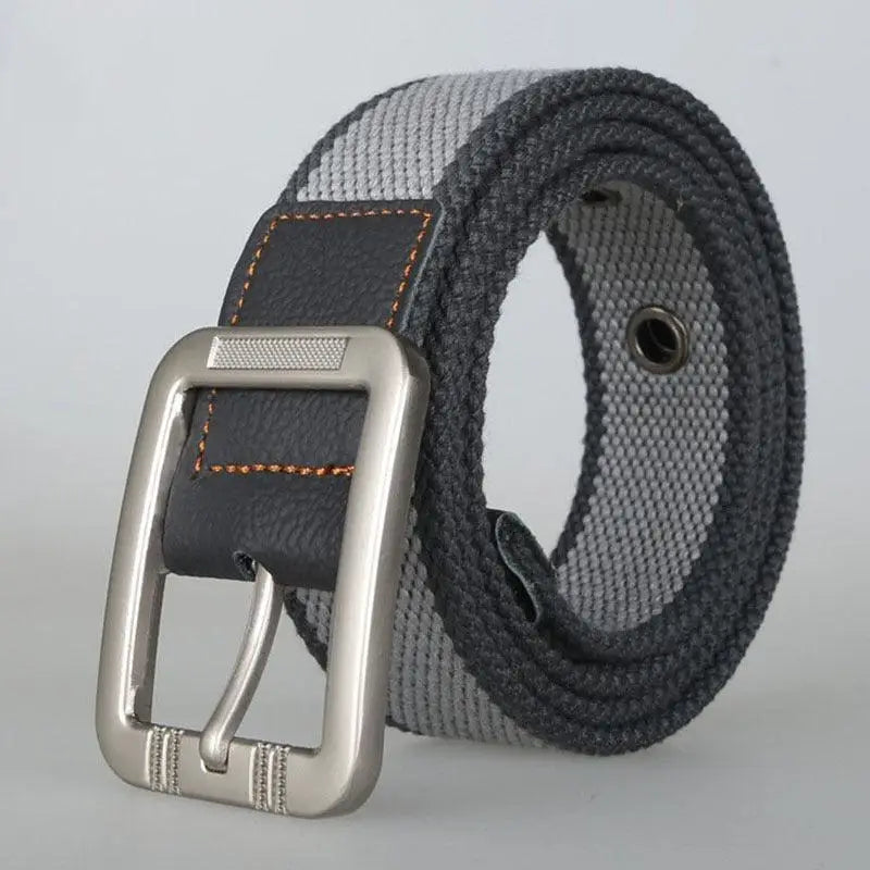 Gray and white striped canvas belt with silver buckle for stylish accessory