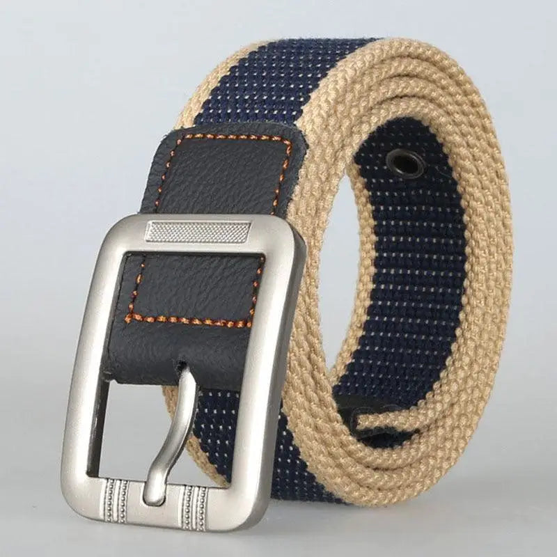 Gray and white striped canvas belt with silver buckle for stylish casual wear