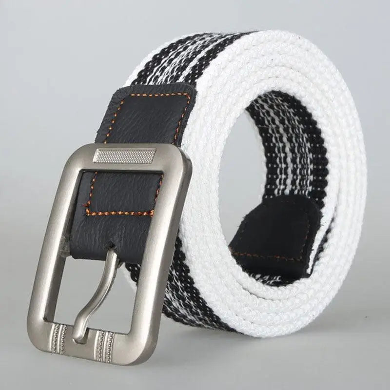Gray and white striped canvas belt with silver buckle for stylish accessories