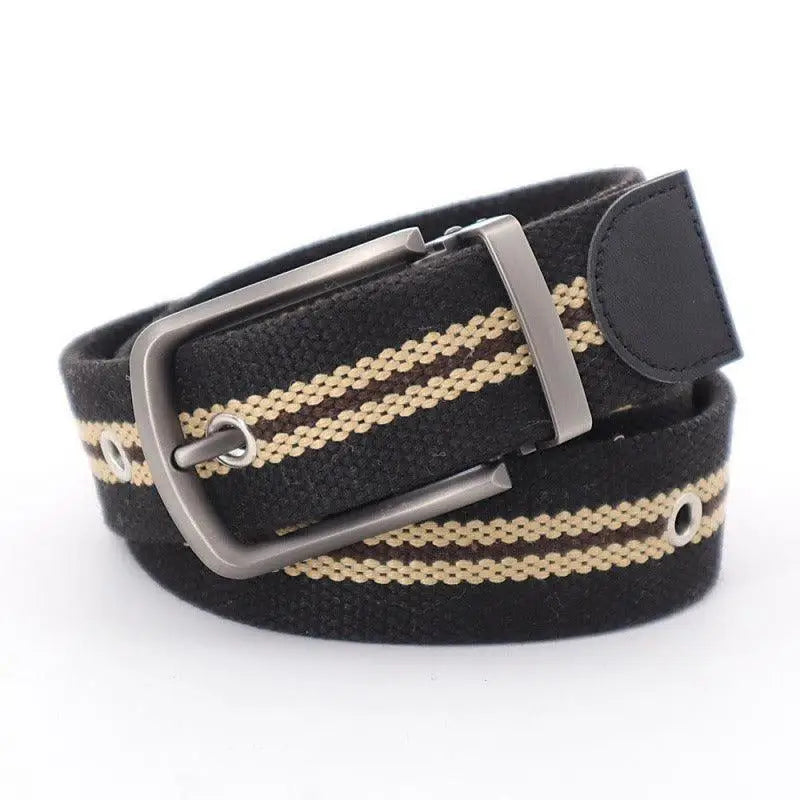 Black and tan striped Bakaa Canvas Belt with metal buckle for casual style