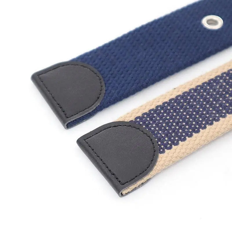 Two fabric belts with leather ends from the Bakaa Canvas Belt Set with Metal Buckles
