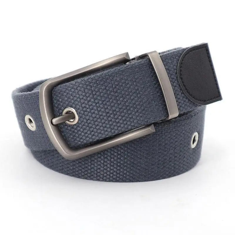 Gray canvas belt with metal buckle and grommets, ideal for belt offers