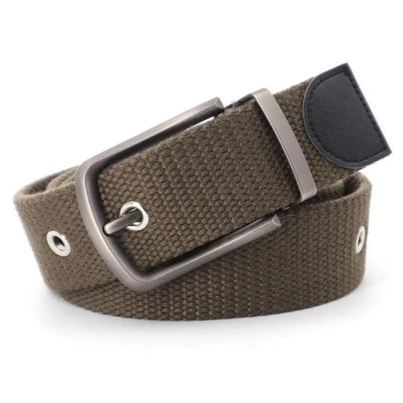 Olive green canvas belt with metal buckle featured in Gray Canvas Belt with Belt Offers