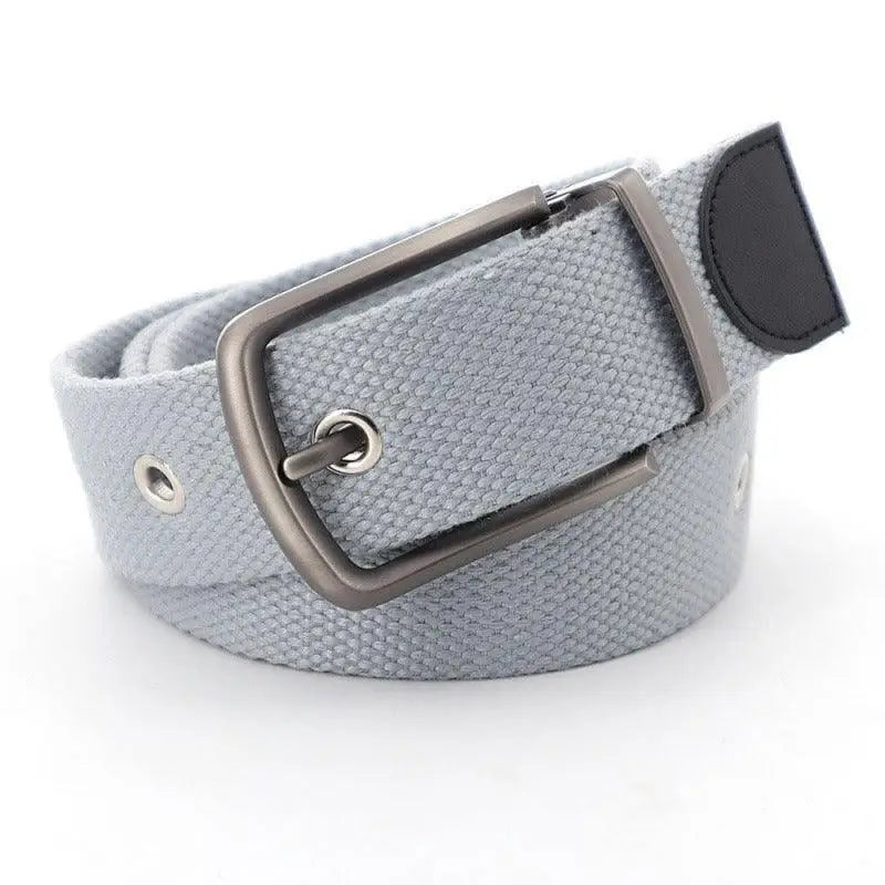 Gray canvas belt with metal buckle showcasing stylish belt offers for men and women