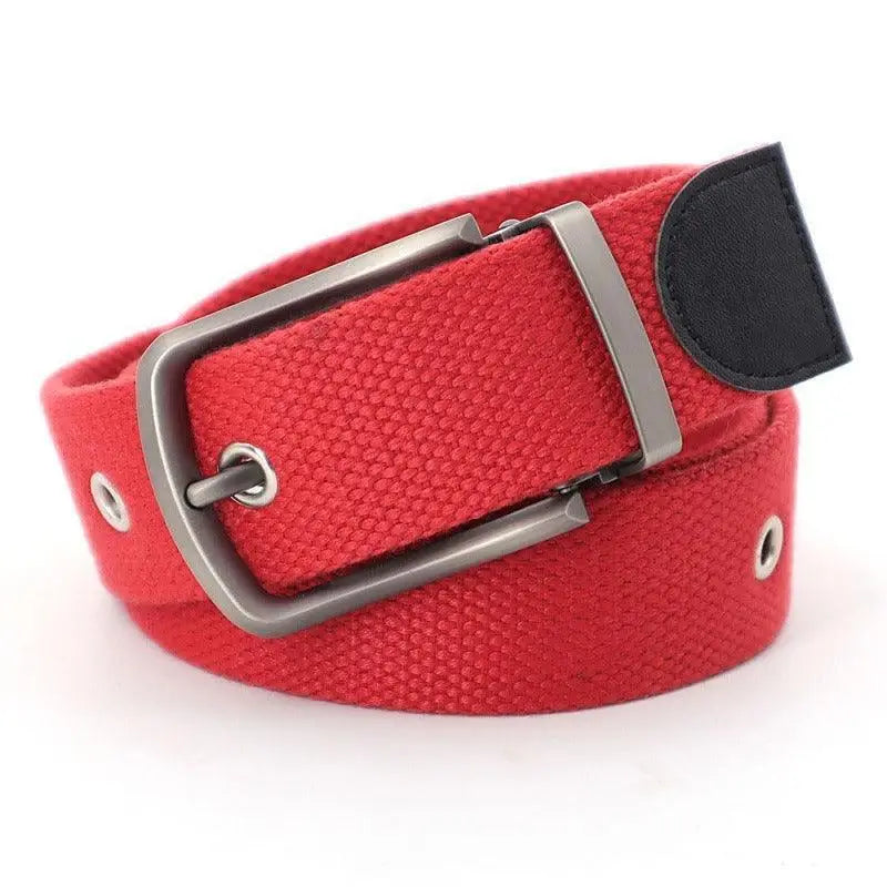 Red canvas belt with metal buckle highlighting exclusive belt offers