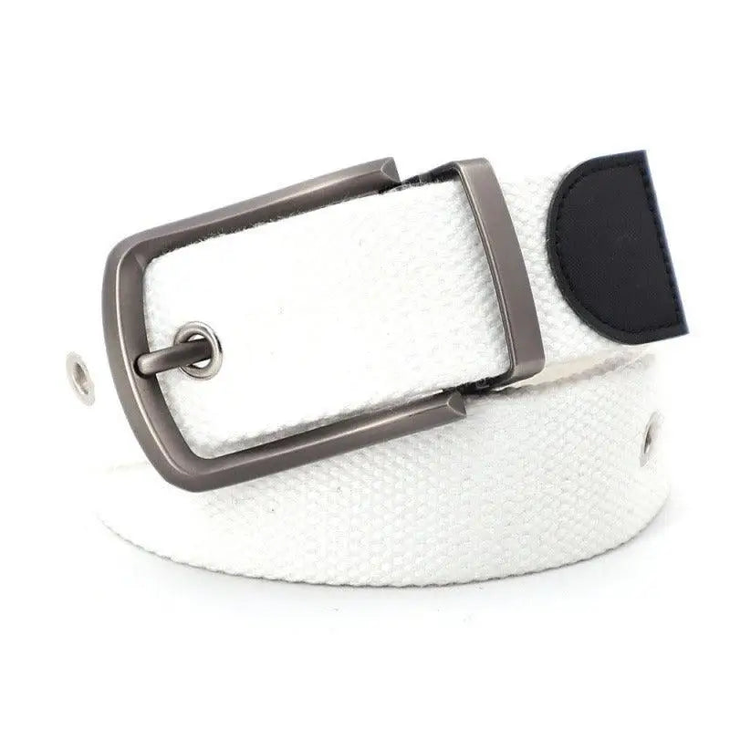 White canvas belt with metal buckle, ideal for stylish belt offers and accessories